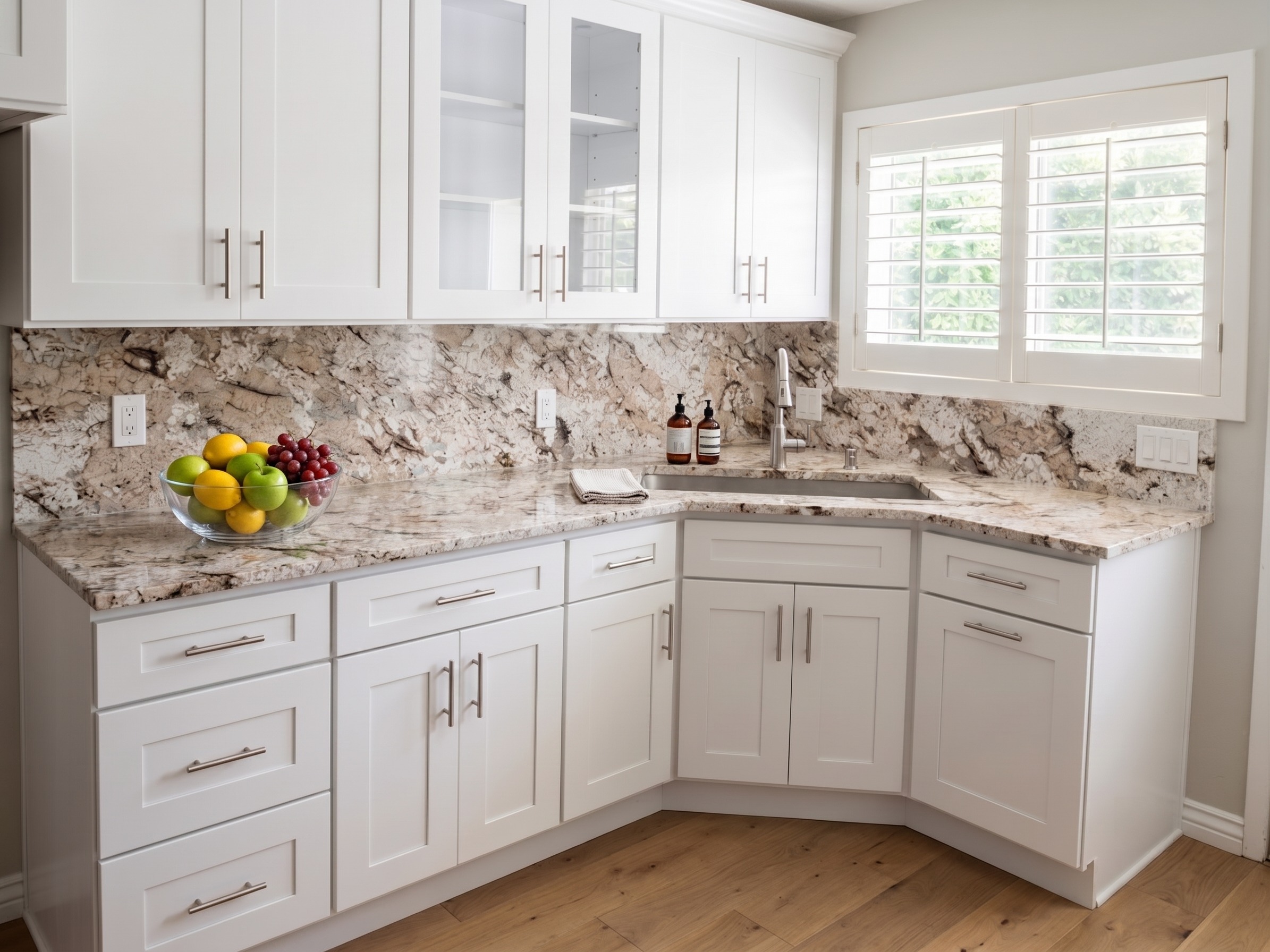 A warm, styled kitchen with cream granite countertops